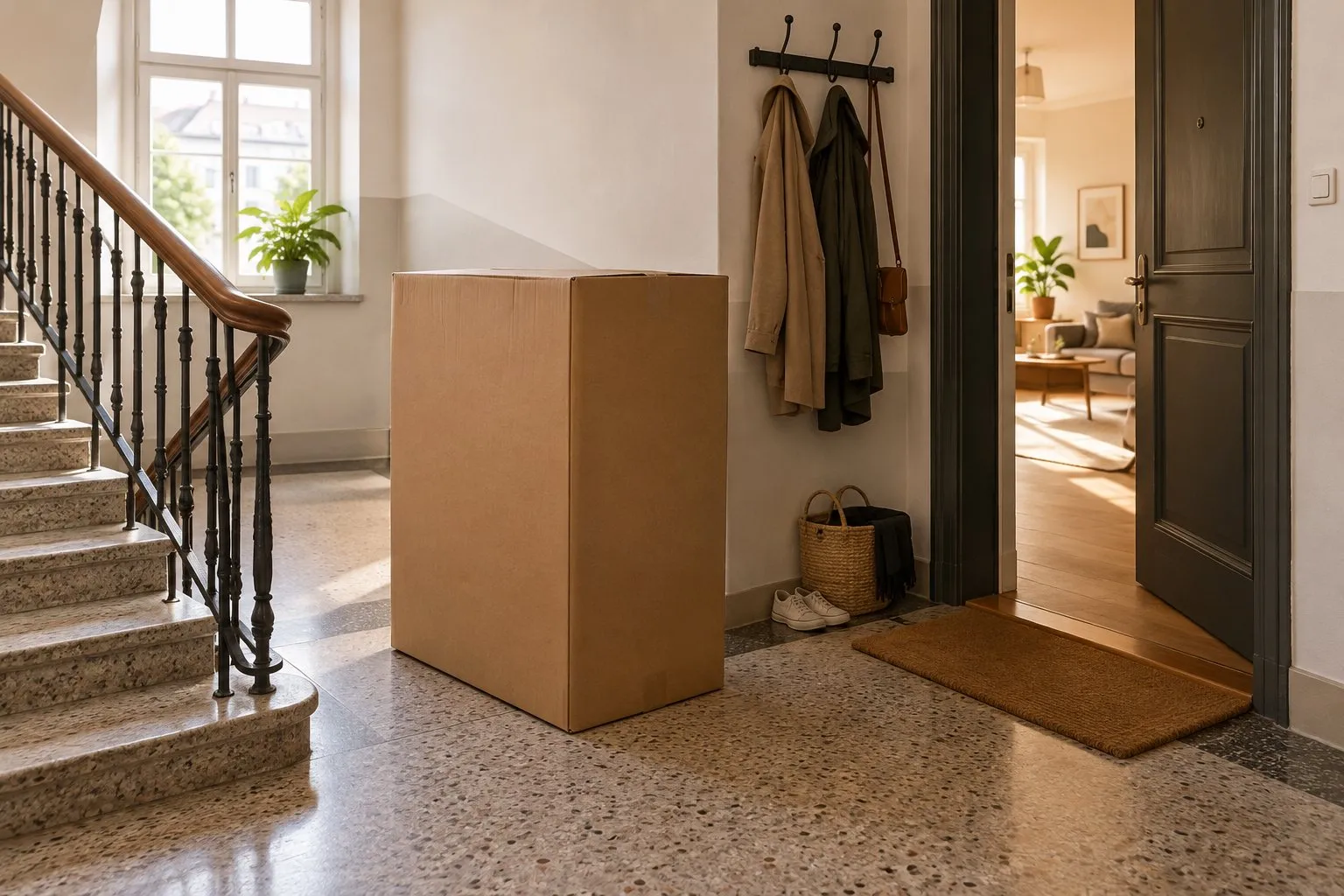 Symbolbild (KI-generiert): großer unbeschrifteter Karton im Treppenhaus vor einer Wohnungstür