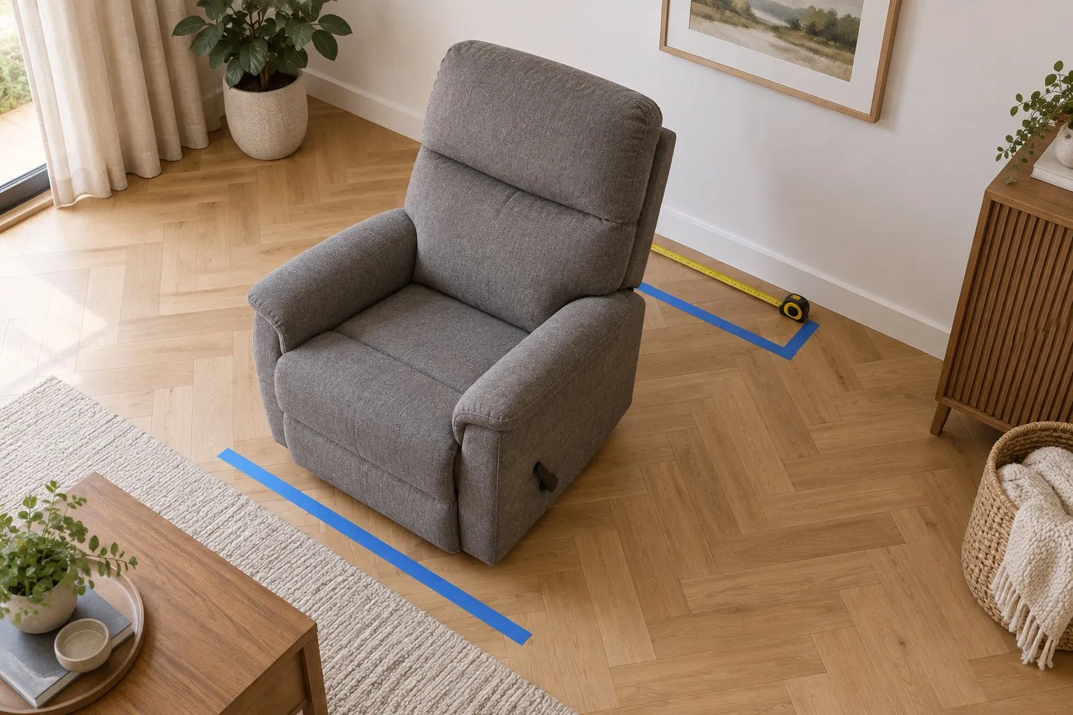 Symbolbild (KI-generiert): Grauer Relaxsessel von oben, blaues Klebeband auf dem Parkett markiert die Stellfläche, ein Maßband liegt zwischen Rückenlehne und Wand